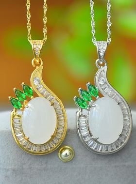 天然新疆金丝玉蛋面吊坠白玉挂件古法银镶嵌玉吊坠配证书礼盒链子