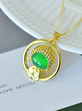 古法鎏金镶天然冰种帝王绿玉髓宝宝佛吊坠玛瑙项链配证书礼盒链子