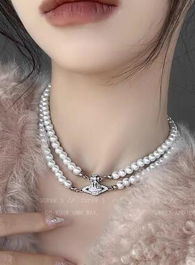 甜欲教主双层土星珍珠项链轻奢小众choker颈链配饰女潮脖子毛衣链
