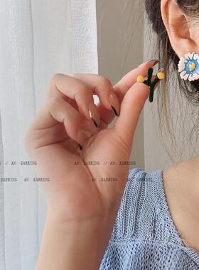 黄色花朵不对称耳钉~甜美夏季小清新耳环女ins小众设计感韩国耳饰
