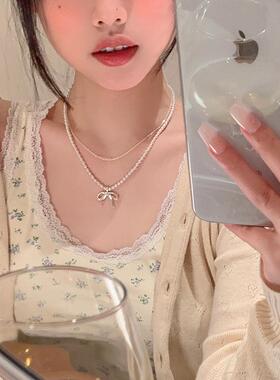 小米珠韩系博主双层珍珠项链女蝴蝶结颈链配饰锁骨链高级感轻奢