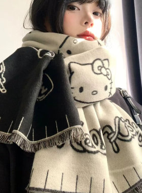 日本ULALOV黑白Kitty双面围巾女冬季高级感加厚保暖防寒护颈围脖