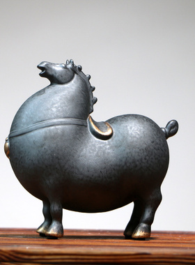 黑色站立描金唐马摆件创意新中式动物玄关桌面装饰品家居工艺礼品