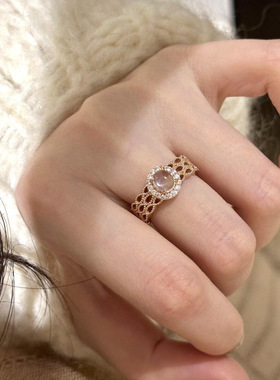 复古优雅千金感蕾丝粉色戒指女小