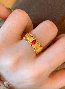 新中式红色锆石皇冠戒指女款小众