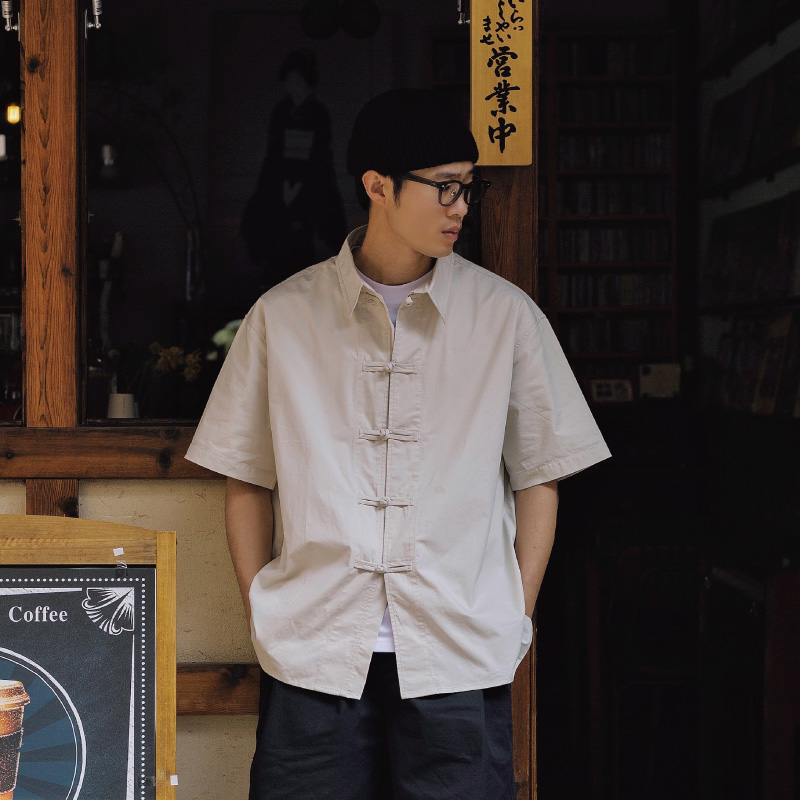 Hungry Artist新中式盘扣短袖衬衫纯棉国风t恤男订婚唐装汉服上衣 - 图2