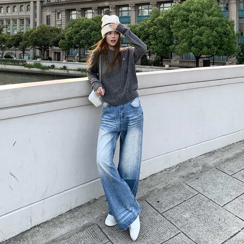 BRN2025加绒新款复古做旧水洗牛仔裤女折痕宽松显瘦直筒拖地长裤 - 图2