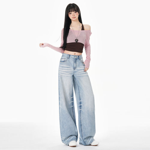 BRN复古做旧浅蓝色牛仔裤女2026新款宽松设计感时髦百搭阔腿裤子 - 图2