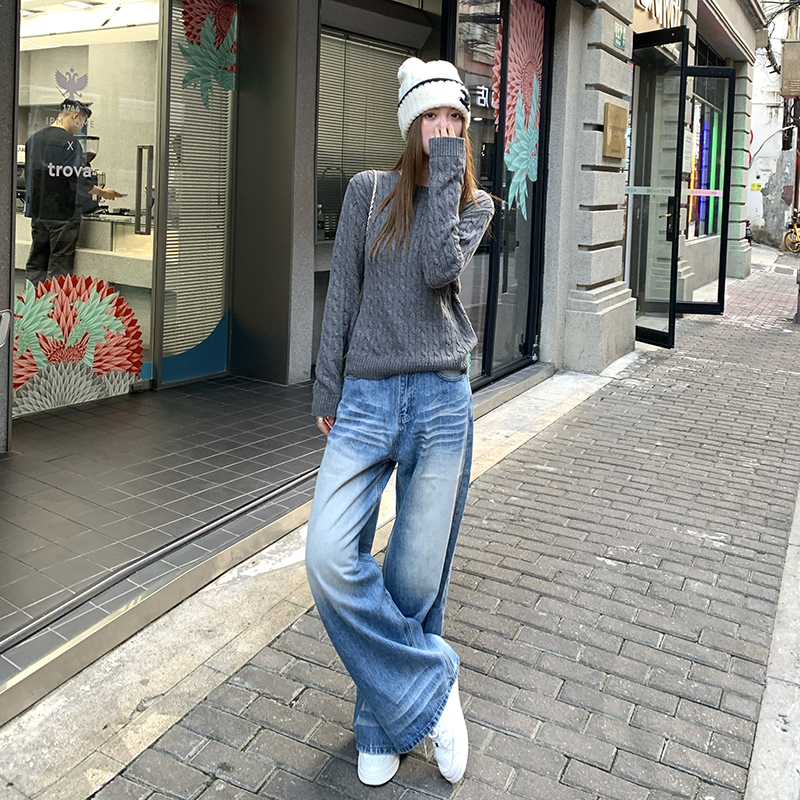 BRN2025加绒新款复古做旧水洗牛仔裤女折痕宽松显瘦直筒拖地长裤 - 图1