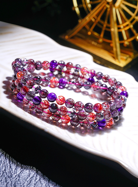 中隆珠宝天然黑加仑彩超七手链三圈单圈金草莓云母片骨干紫红手串