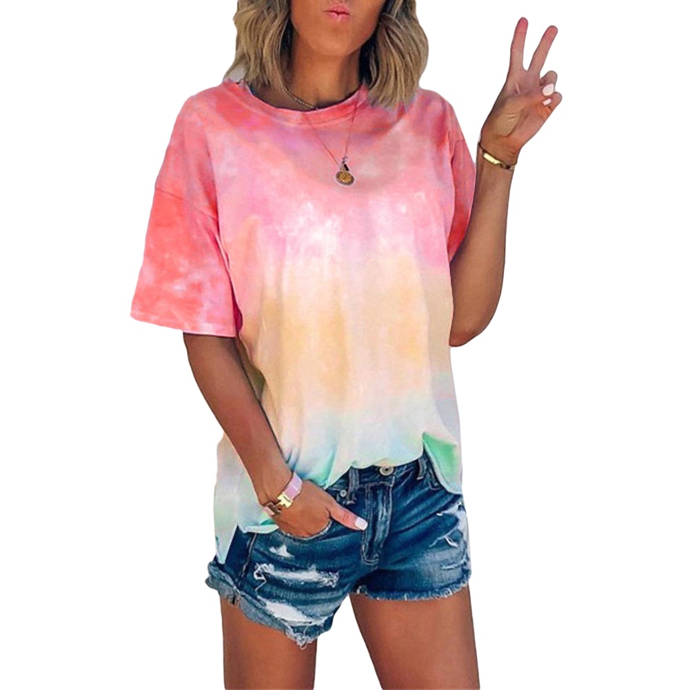 Tie dye gradient print loose T-shirt扎染彩虹色宽松女士 T恤夏 - 图3