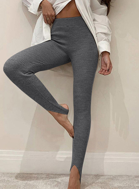 纯色针织坑条紧身踩脚裤