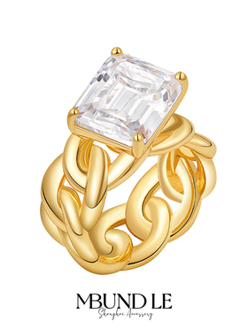 摩邦珠宝链结·白锆长方链条戒指时尚百搭节日礼物 明星同款