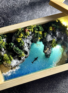 原创手工 鲸鹿心形湾 竹盒手办礼品海洋摆件桌面装饰 小夜灯 包邮