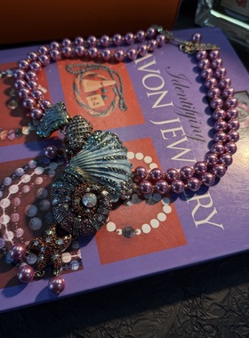 【楠阁】Vintage中古双层满镶捷克钻珐琅 贝壳海螺扇贝坠珍珠项链