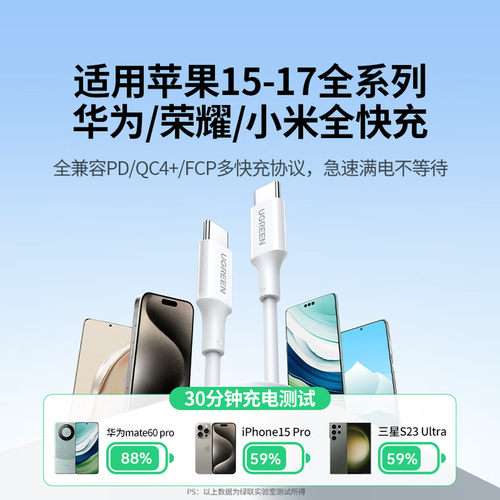 绿联双头Type-C数据线PD100W快充CtoC充电线5A编织短长适用苹果iPhone17手机iPad平板华为三星小米笔记本安卓 - 图0
