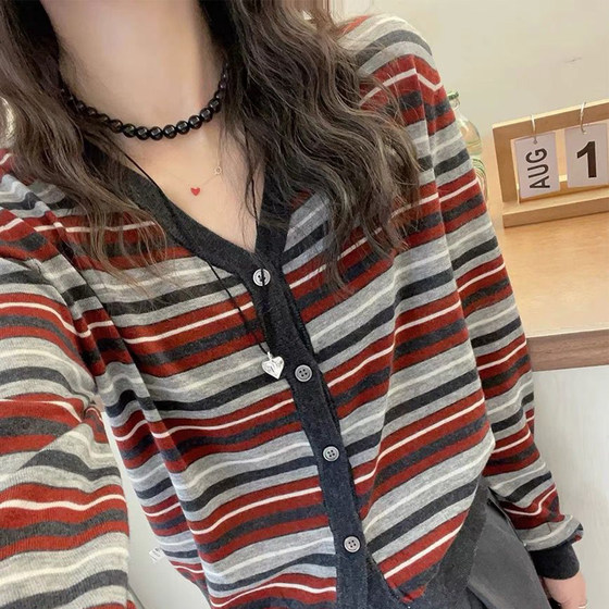 早秋条纹针织开衫女春秋装2024新款上衣V领拼色细羊毛衫毛衣外套