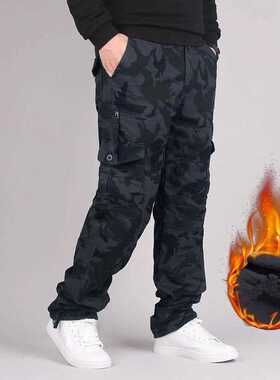 Winter Men's Cargo Pants Double Layer Fleece Warm Thick Mili