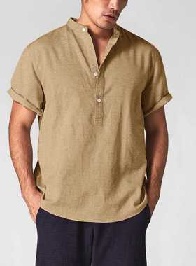 Cotton linen short sleeve men's summer shirt trend loose top