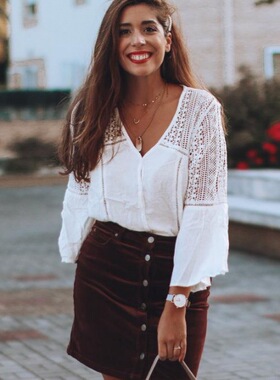 TEELYNN White lace blouses Women Top vintage V Neck Flare Sl