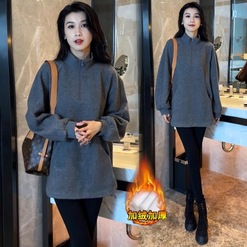 加绒加厚长袖卫衣女2025冬季新款洋气宽松中长款立领休闲上衣外套 - 图3