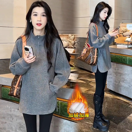 加绒加厚长袖卫衣女2025冬季新款洋气宽松中长款立领休闲上衣外套 - 图1