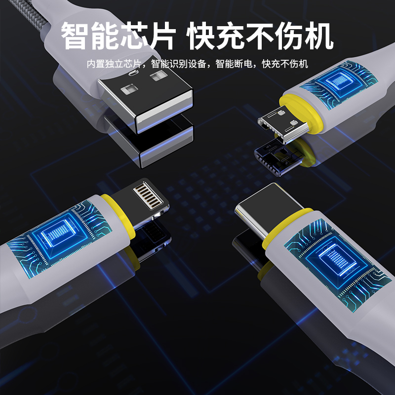 senmikj数据线三合一充电线手机平板快充车载多功能一拖三适用于Lightning安卓Type-C三头加长充电器通用-图3