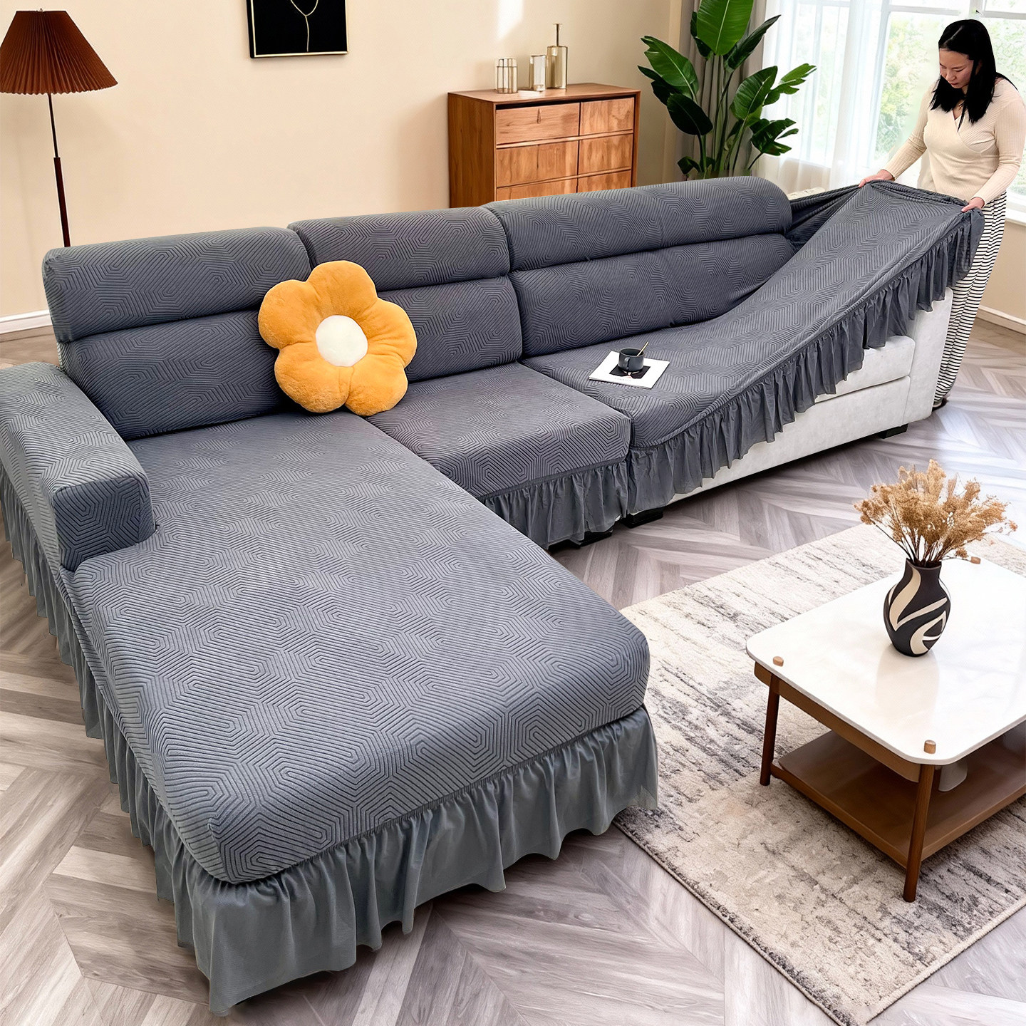 裙边弹力全包萬能沙发套罩秋冬加厚防猫抓新款贵妃组合全盖防滑布,淘宝优惠券,粉丝福利购,淘宝优惠卷