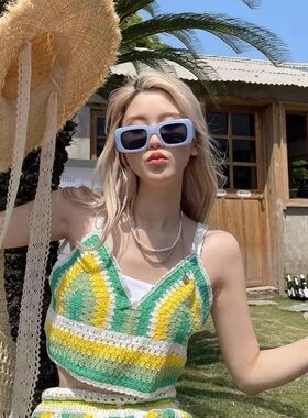 新款凹造型欧美ins风太阳眼镜女款时尚粗腿大方框街拍浅蓝色墨镜