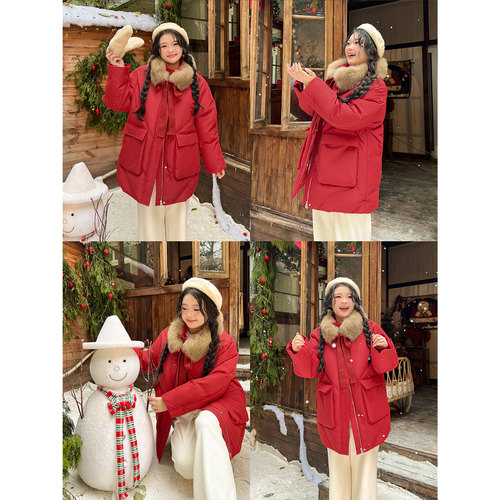 DM100大码女装微胖mm冬保暖真狐狸毛三防羽绒服中长版外套 - 图1