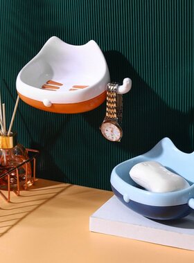 Kawaii Adhesive Soap Dish with Cat Tail Hook Soap Holder Wal