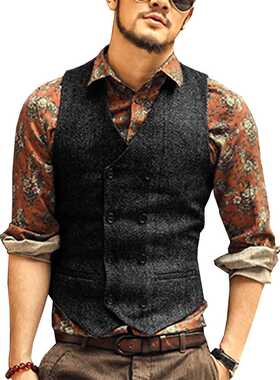 Men Vests Suit Vest Tweed Man Waistcoat Brown Black Groomman