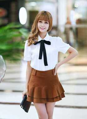Fashion Female Elegant Bow Tie White Blouses Chiffon Collar