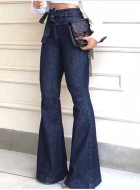 Women Denim Tie Waist Flare Jeans Boyfriend Jeans Ladies Hig