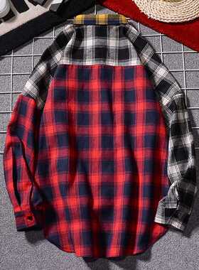 New Men&mp;#39;s Loose Plid Shirt Csul Jcket Teen Long Slee