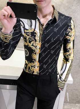 Autumn Man Vintage Printed Social Black Shirts Luxury Men's