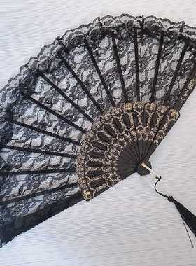 Ladies Lace Hand Fan Black White Cloth Folding Fans Spanish