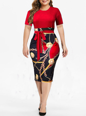 Vintage Print Plus Size Knee-length Dress Womens Summer Shor