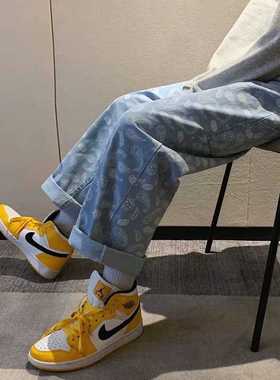 Cashew flower black jeans men's straight tube loose spring a