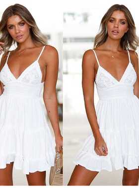 Sleek Sleeveless Spaghetti Strap Casual MiniSundress吊带拼接