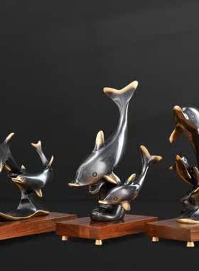 纯铜海豚工艺品家居摆件酒柜客厅办公室桌面轻奢软装饰品新婚礼物