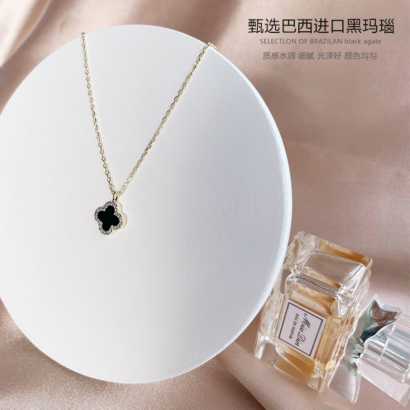 S925纯银四叶草项链女轻奢小众设计气质百搭锁骨链红黑色玛瑙吊坠