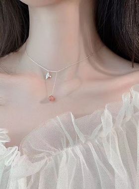 天然草莓晶项链女S925纯银鱼尾流苏锁骨链小众设计甜美少女心颈链