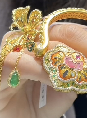 莲花如意镯花丝烧蓝手镯女士珐琅国风中式镯子金色开口荷花手环