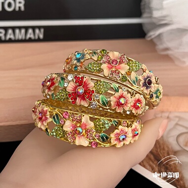 北京景泰蓝手镯合金滴油珐琅彩镯子送女生民族风小花清新时尚首饰