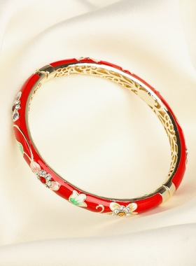 文艺小饰品优雅玫瑰花细手镯珐琅彩上色捷克钻景泰蓝铜胎镀金手环