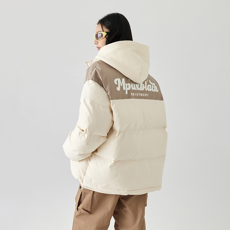 MPUX联名撞色拼接立领字母印花休闲保暖加绒加厚棉服外套情侣款 - 图3
