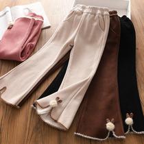 Girls integrated velvet micro-horn pants CUHK Childrens foreign air warm and casual broadleg pants dark autumn and winter long pants tide