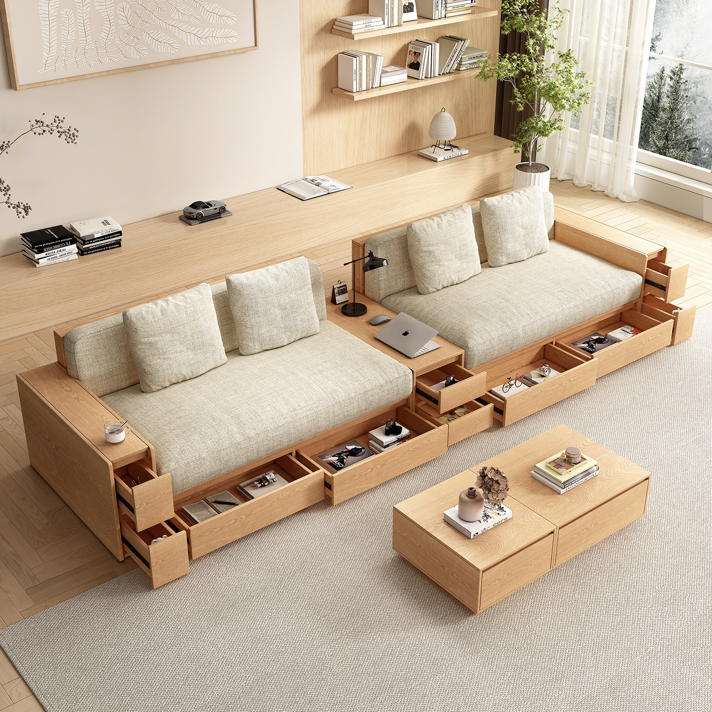 Sofa panel storage solid wood sofa small apartment log style drawer living room furniture beige fabric removable and washable sofa
