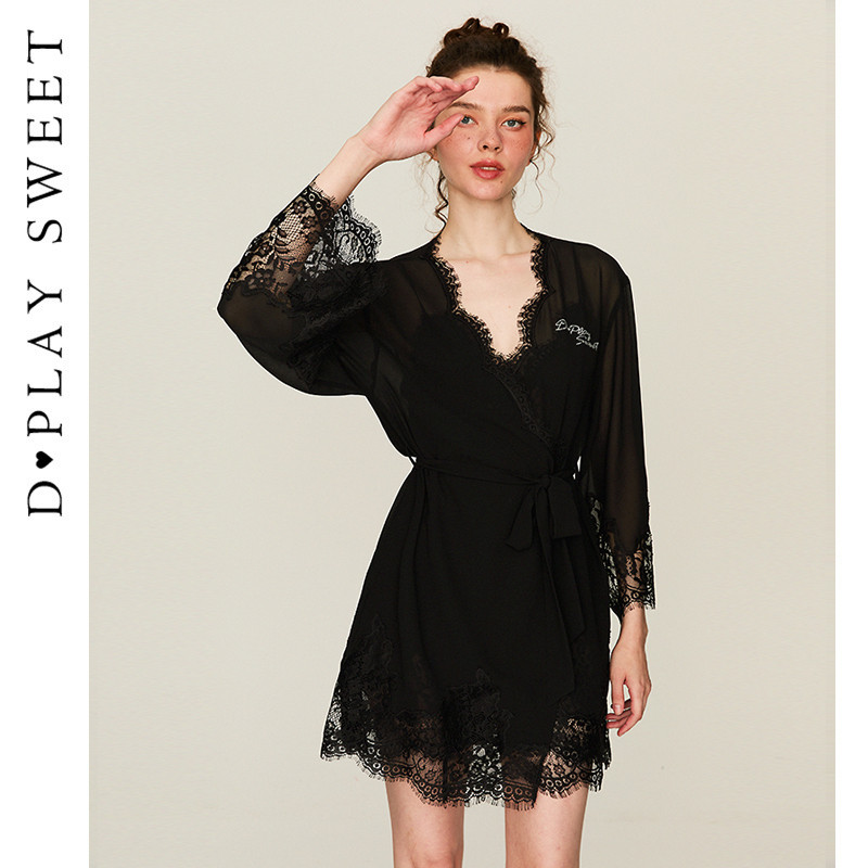 DPLAYSWEET法式轻奢蕾丝透视睡袍薄款睡衣舒适短款家居服晨袍新品,淘宝优惠券,粉丝福利购,淘宝优惠卷
